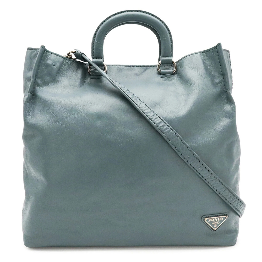 PRADA Triangle Tote Bag, Handbag, Shoulder Leather, Blue-Gray